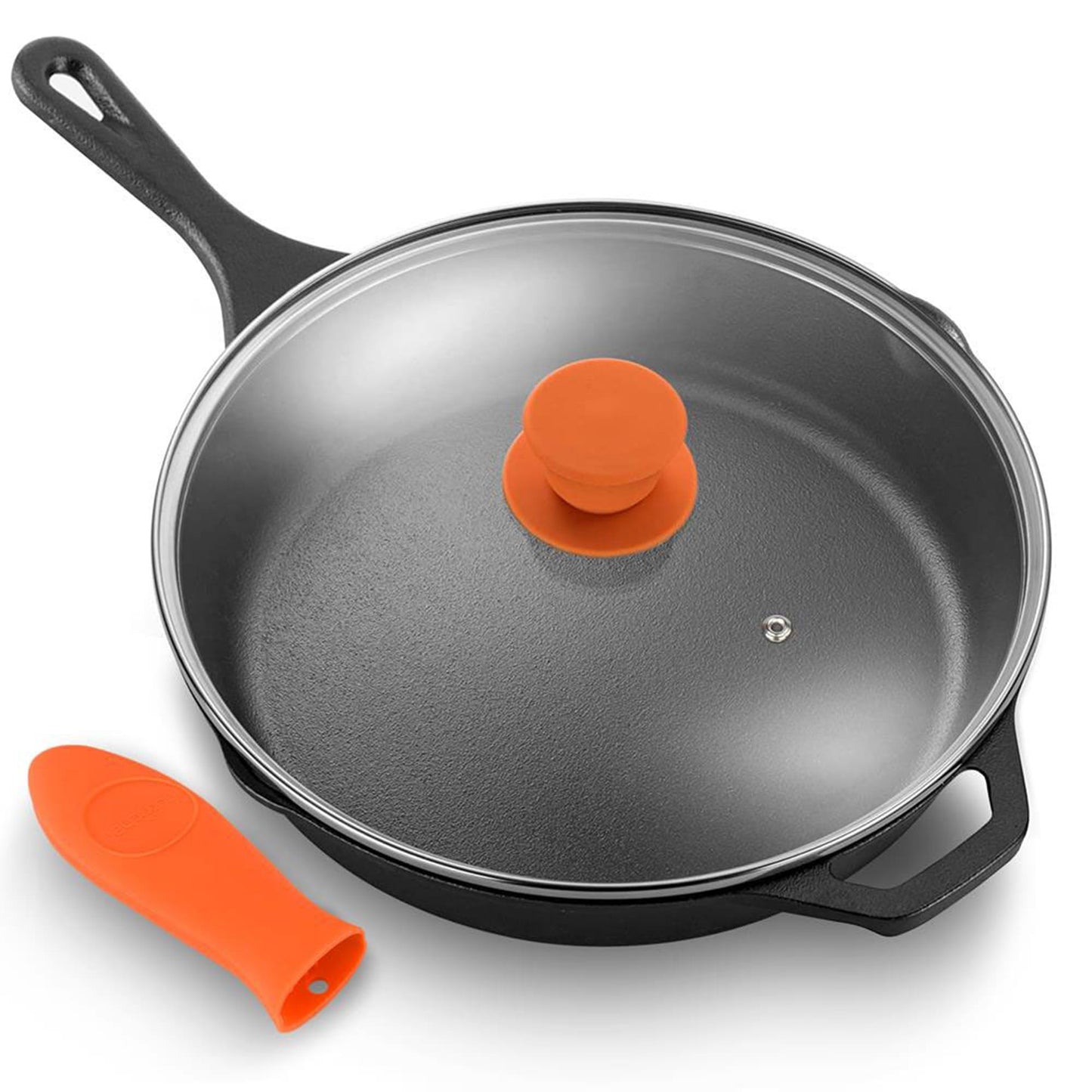 NutriChef 10 Inch Cast Iron Skillet with Lid - Pre-Seasoned Small Fry Pan with Side Drip Spout and Silicone Handle