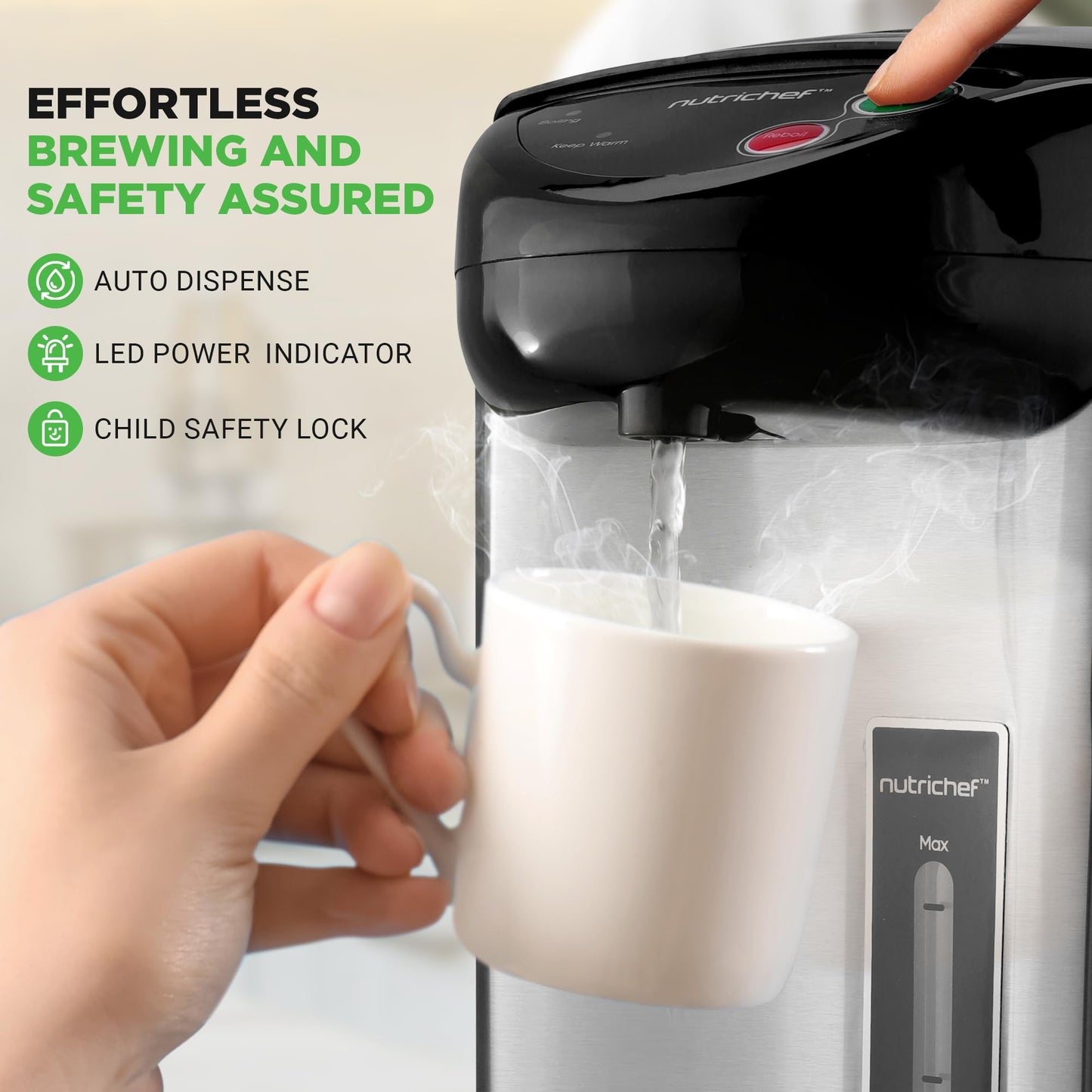 NutriChef 5.2 Qt Electric Water Kettle, Quick Heating, 5 Liter Digital Kettle with 5 Temperature Settings, Safety Lock, Stainless Steel, 3 Dispensing Options, Easy to Clean, 11"x19"x11"