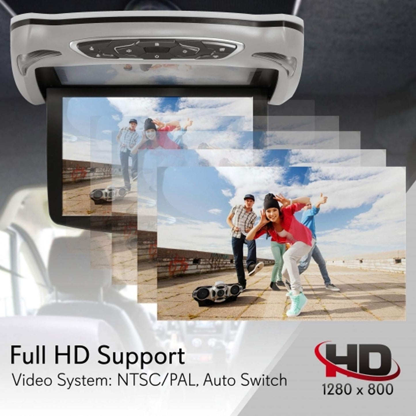 Pyle Car Roof Mount DVD Player Monitor 13.3 inch Vehicle Flip Down Overhead Screen- HDMI SD USB Card Input with Built-in IR Transmitter for Wireless IR Headphone, 3 Style Colors - Pyle PLRD146