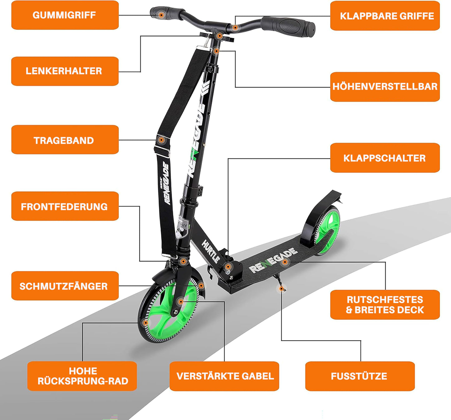 Hurtle Renegade Kick Scooters for Kids Teenagers Adults- 2 Wheel Kids Scooter with Adjustable T-Bar Handlebar - Alloy Anti-Slip Deck - Portable Folding Scooters for Kids with Carrying Strap