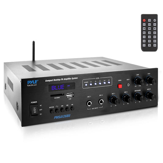 Pyle Wireless Bluetooth Public Address Amplifier - 500W Compact Mini Digital Home Power Audio Sound PA Receiver System w/ 70V 100V Output, Mic Input, Radio, USB, Remote For 4-16ohm Speaker- PMSA126BU