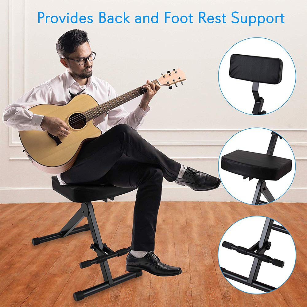 PYLE Drum Throne - Guitar Stool, Foldable & Portable Chair w/ Backrest & Footrest, Adjustable Music Stool for Adults, Padded Cushioned Seat & Back
