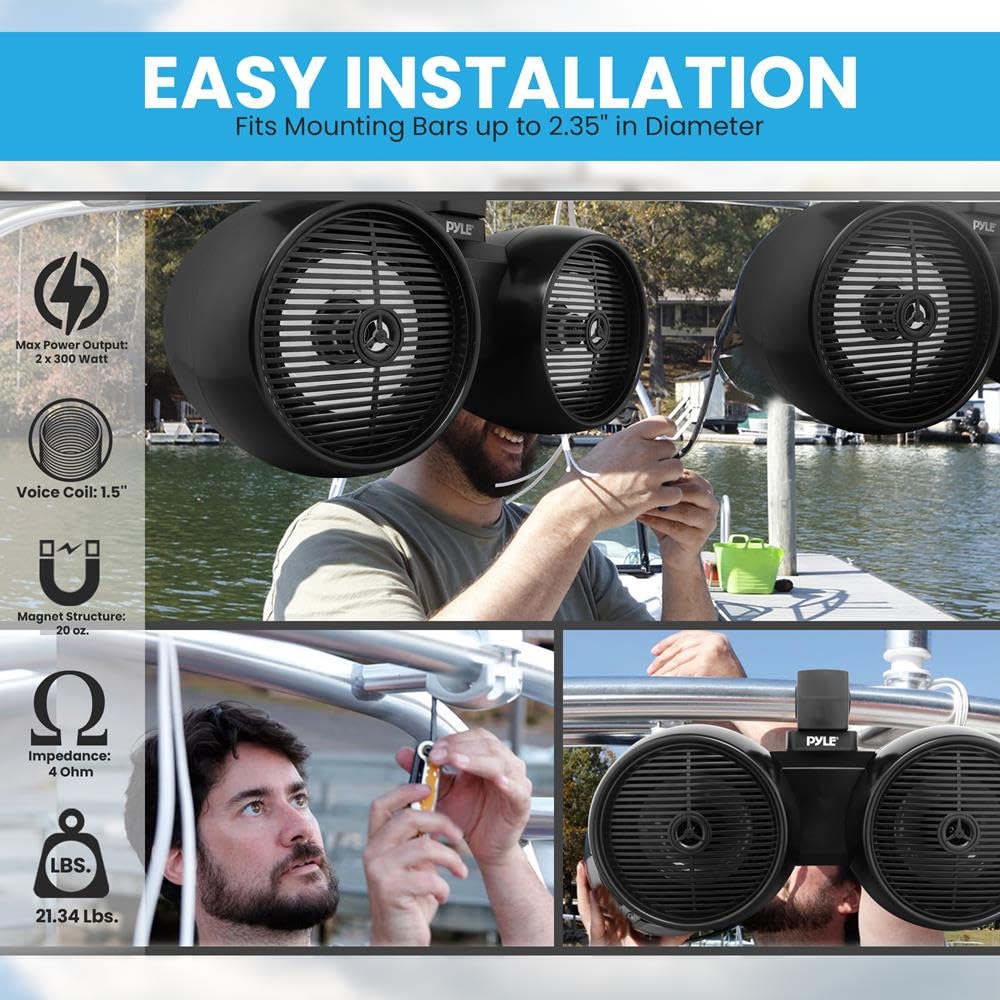 Pyle Marine Speakers, Boat Speakers, Marine Speaker, 8" 300W Dual Waterproof Off-Road Sound System, LED Lights, IP-44 Rated, 4 Ohm, Includes Mounting Brackets, Heavy Duty ABS Construction