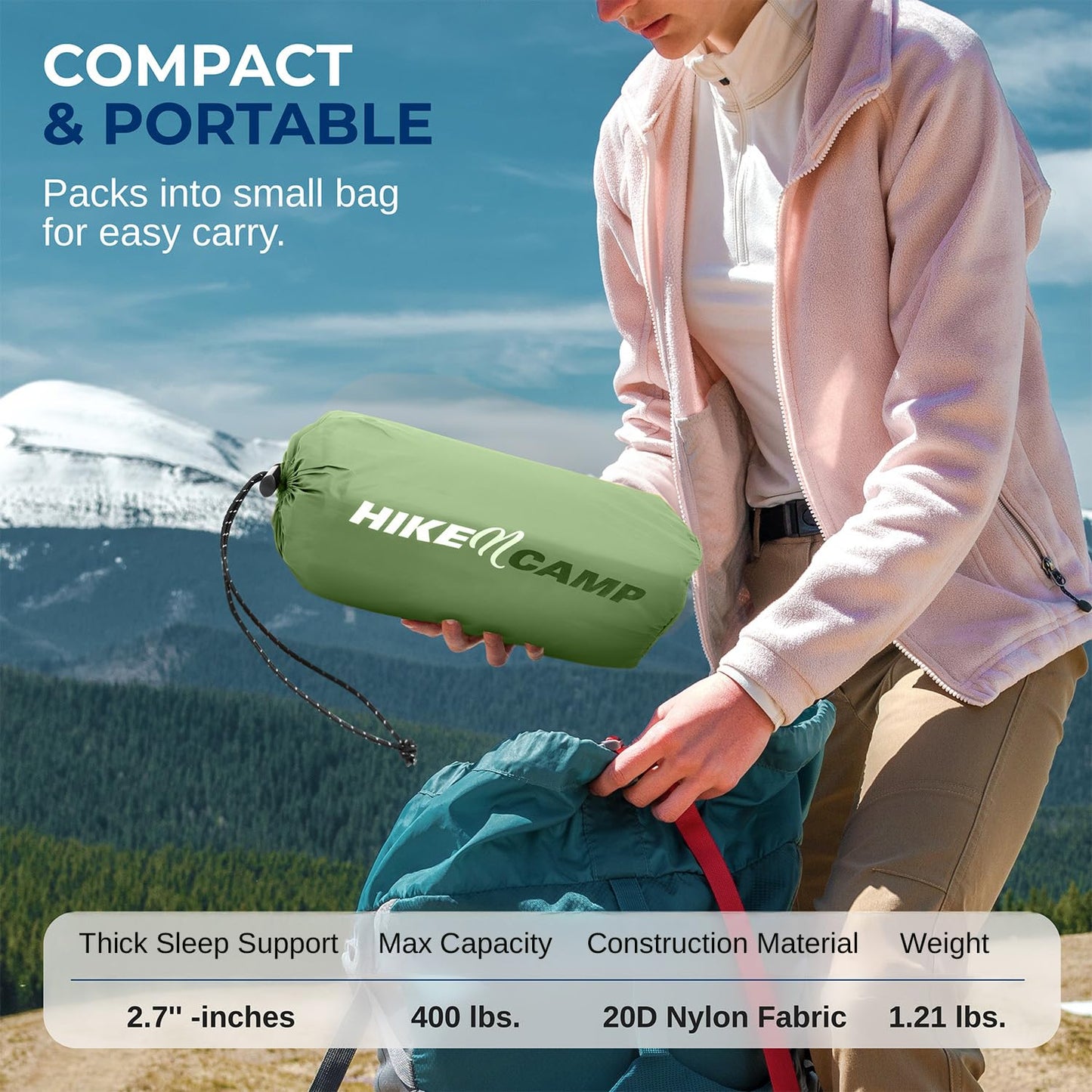 SereneLife Sleeping Pad with Pillow for Camping - Compact Sleeping Mat with Fast Inflation, Lightweight, and Tear-Resistant Backpacking Air Mattress with Carry Bag for Camping, Backpacking, Hiking