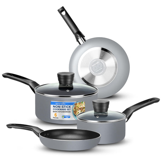 SereneLife 6-Piece Pots and Pans Set – Nonstick Cookware, Black Coating, Heat-Resistant, Dishwasher safe, Includes Fry Pans, Saucepans with Lids, Color Gray
