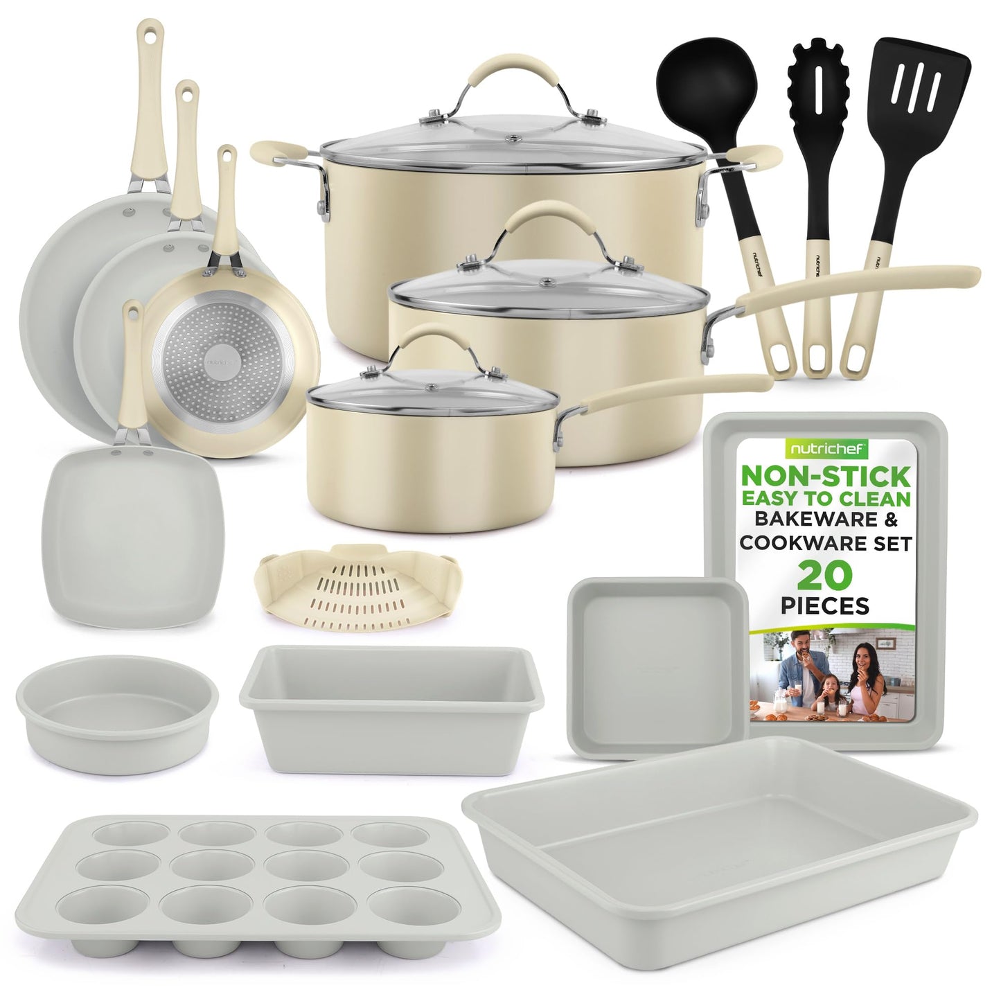 NutriChef 20-Piece Non-Stick Bakeware and Cookware Set - Utensils Including Pots and Baking Pans Made with Durable Aluminum, Tempered Glass Lids, Heat-Resistant Utensils, Easy-Clean Design (White)