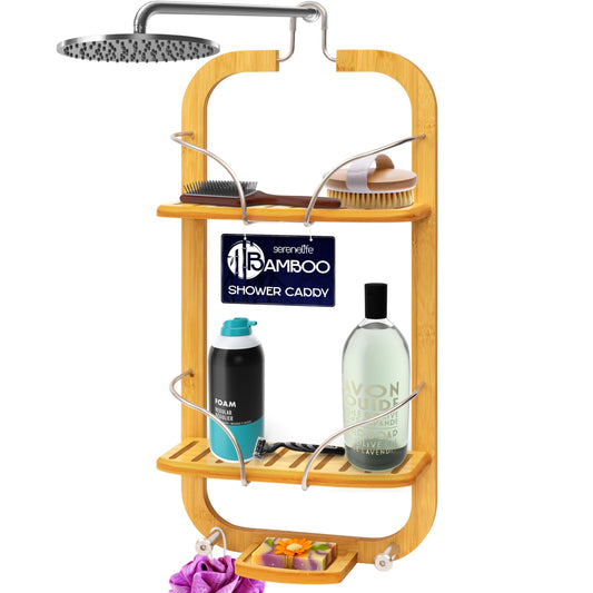 SereneLife Bamboo Hanging Shower Caddy with 3 Tiers, Anti-Slip Design, Bathroom Storage Organizer for Shampoo, Soaps, and Essentials - Space-Saving and Easy to Clean