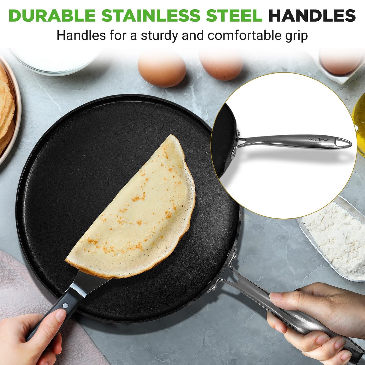 NutriChef 12 Inch Crepe Pan Non Stick, Ideal for Pancakes, Dosa & Tortillas, Hard-Anodized, Dishwasher Safe