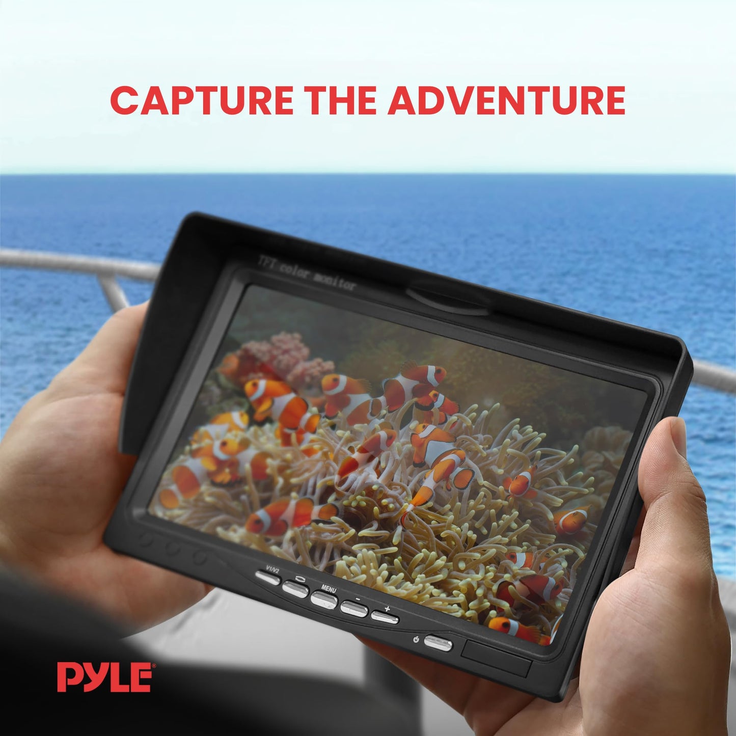 Pyle, Underwater Fishing Camera, LCD Monitor, Night Vision, 7-inch TFT, IP68 Water Resistant, Infrared LED, Removable Sun-Visor, 12V Li-ion Battery, 4500 mAh, Waterproof Suitcase, 50m Cable
