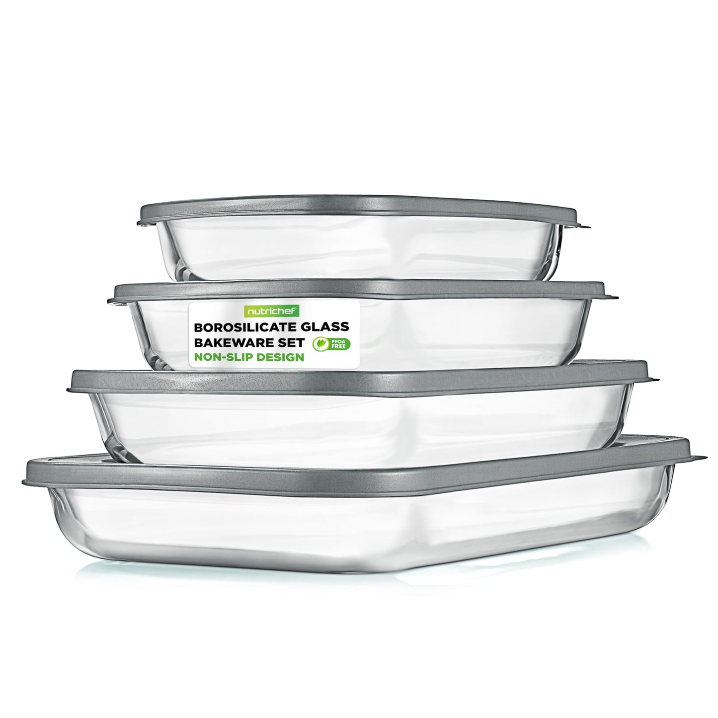 NutriChef 8-Piece Glass Baking Dish Set with Lids, (4 Stackable Rectangular Glass Dish and 4 BPA-Free Lids), Baking Pans for Lasagna, Meatloaf, Casserole, & Leftovers, Cooking, & Dishwasher Safe, Gray