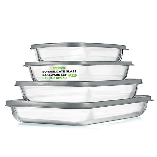 NutriChef 8-Piece Glass Baking Dish Set with Lids, (4 Stackable Rectangular Glass Dish and 4 BPA-Free Lids), Baking Pans for Lasagna, Meatloaf, Casserole, & Leftovers, Cooking, & Dishwasher Safe, Gray
