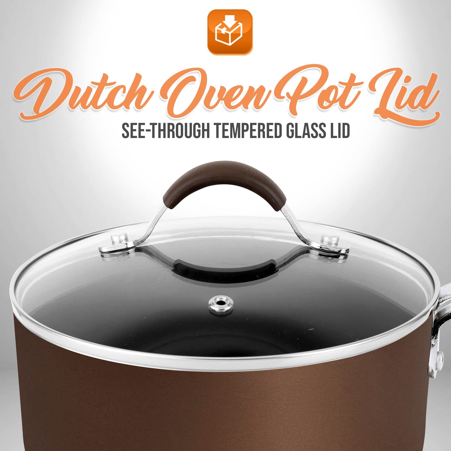 NutriChefKitchen Dutch Oven Pot Lid - See-Through Tempered Glass Lids, Stainless Steel Rim, Dishwasher Safe (Works with Models: NCCW14SBR & NCCW20SBR), Brown - NCCW14SBRDLID