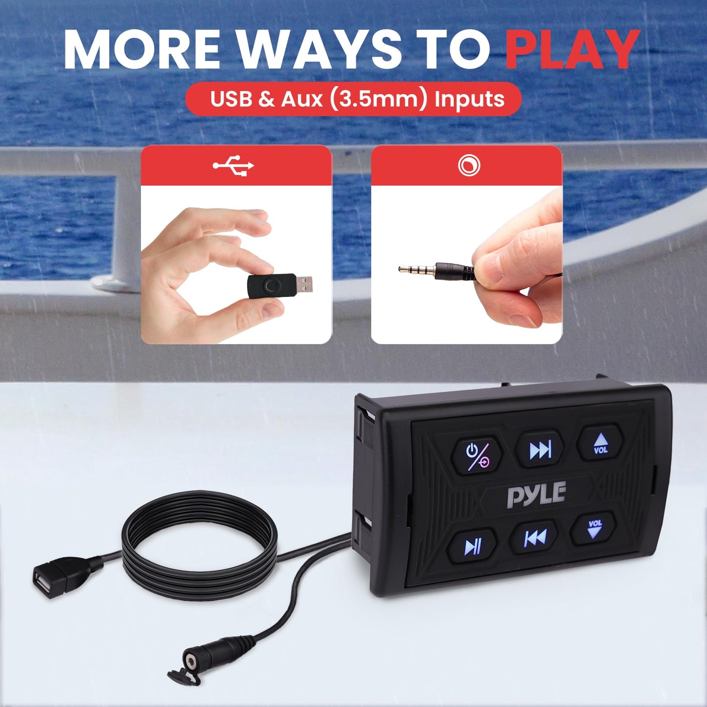 Pyle Wireless BT Audio Controller Kit, Marine Bluetooth Receiver & Adapter with Remote Control, Compact Microphone for Onboard Audio Entertainment, AUX/USB Input, Water-Resistant, 3.81”x2.20”x1.97”