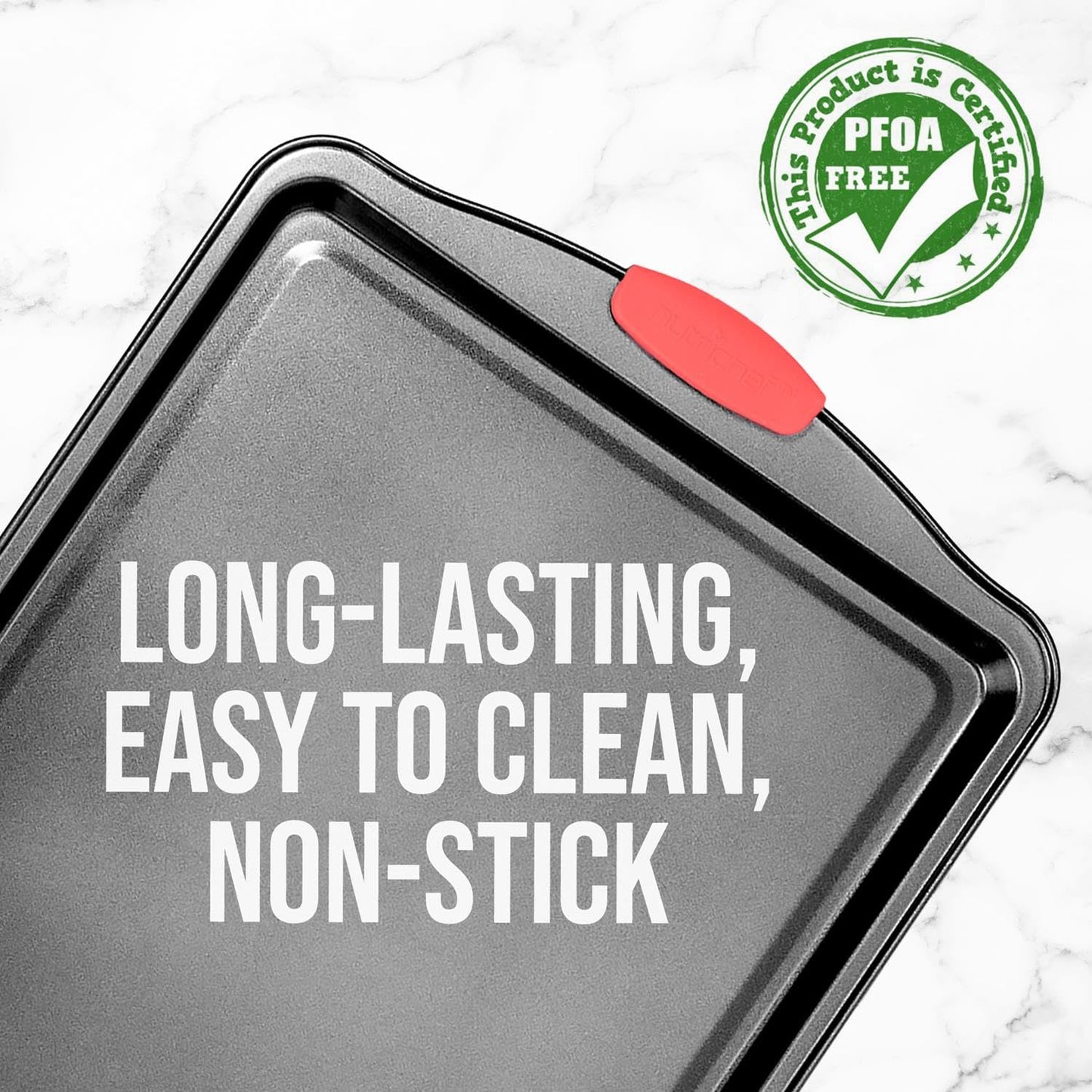 NutriChefKitchen 15” Non Stick Cookie Sheet, Medium Gray Commercial Grade Restaurant Quality Carbon Metal Bakeware with Red Silicone Handles, Compatible with Model NCSBS3S