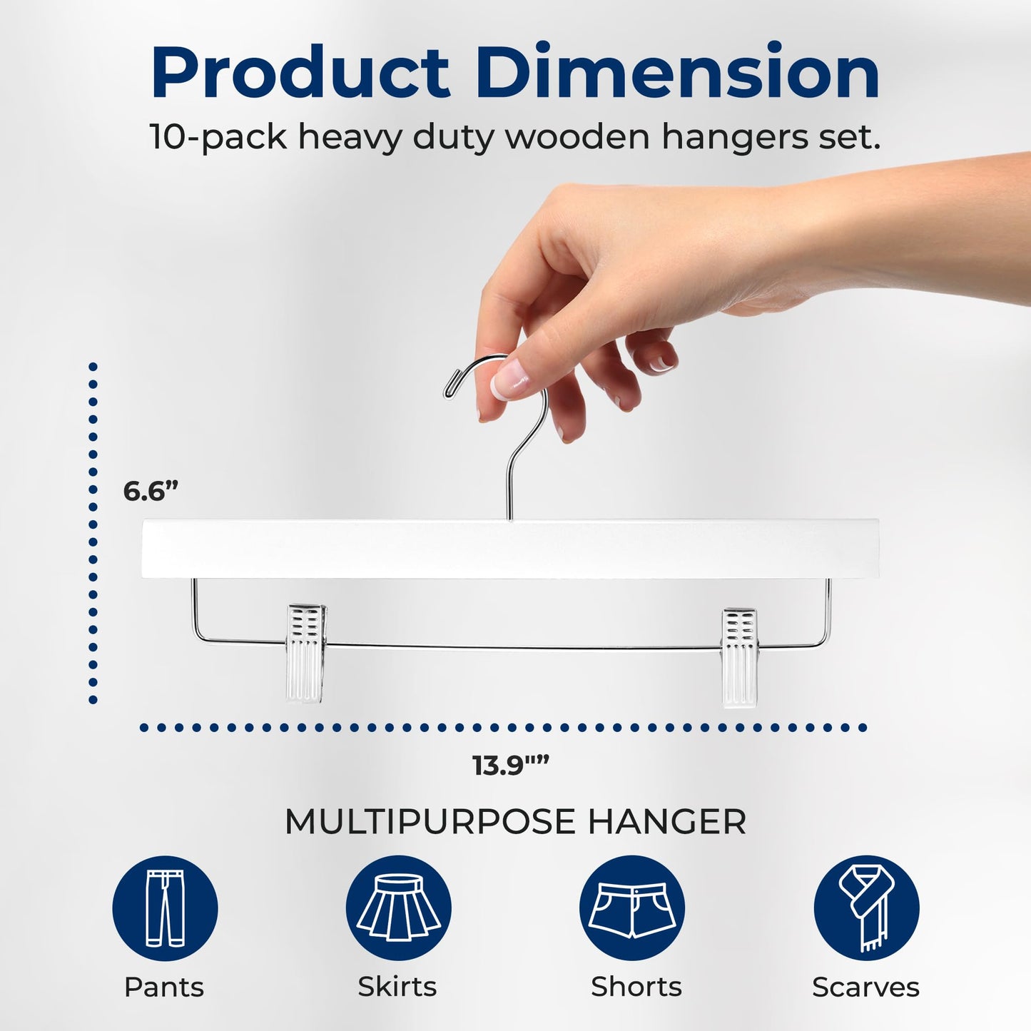 SereneLife 10 Pack Wooden Pants Hangers with Clips – Premium Heavy Duty Clothes Hangers for Jeans, Slacks, Skirts, Shorts, Uniforms – 360° Swivel Hook, Adjustable Clips, 13.97"x0.5"x6.69" (White)