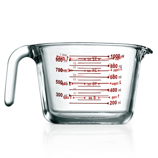 NutriChef High Borosilicate Glass Measuring Cup with Customized Decal Scale,1000 ml., Safe to Use in Microwave and Freezer, Oven and Dishwasher Safe