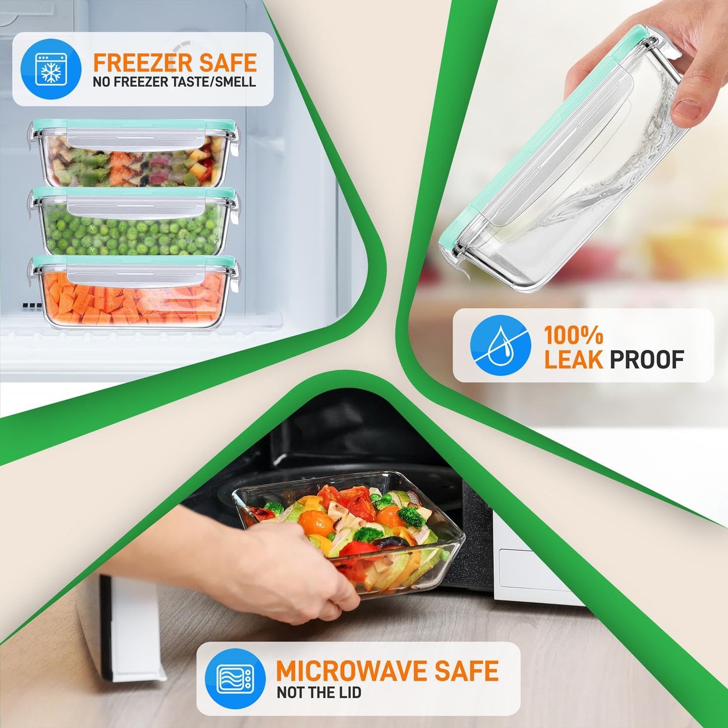 NutriChef 10-Piece Superior Glass Food Storage Containers Set (5 Containers + 5 Locking Lids),Stackable Meal-prep Design, BPA-free Airtight Clear Locking lids with Vent Lids & Air Hole, Green