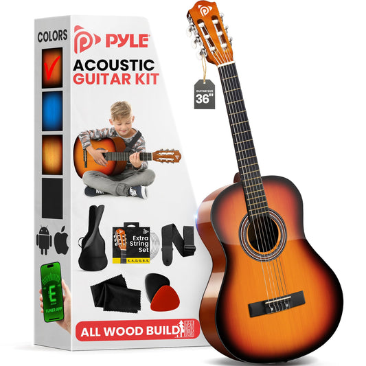 Pyle Beginner Acoustic Guitar Kit, 3/4 Junior Size All Wood Instrument for Kids, Adults, 36" Sun Burst