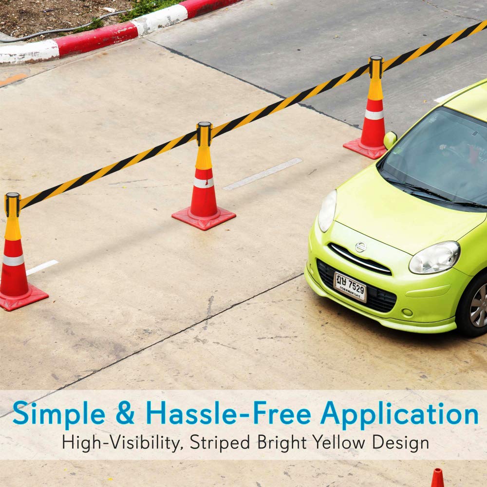Pyle PCNTP16X4 4-Pc Traffic Cone Emergency Belt - Retractable Traffic Cone Hazard Warning Tape Barrier Belt, High-Visibility w/ Striped Bright Yellow Design, Marine-Grade Waterproof
