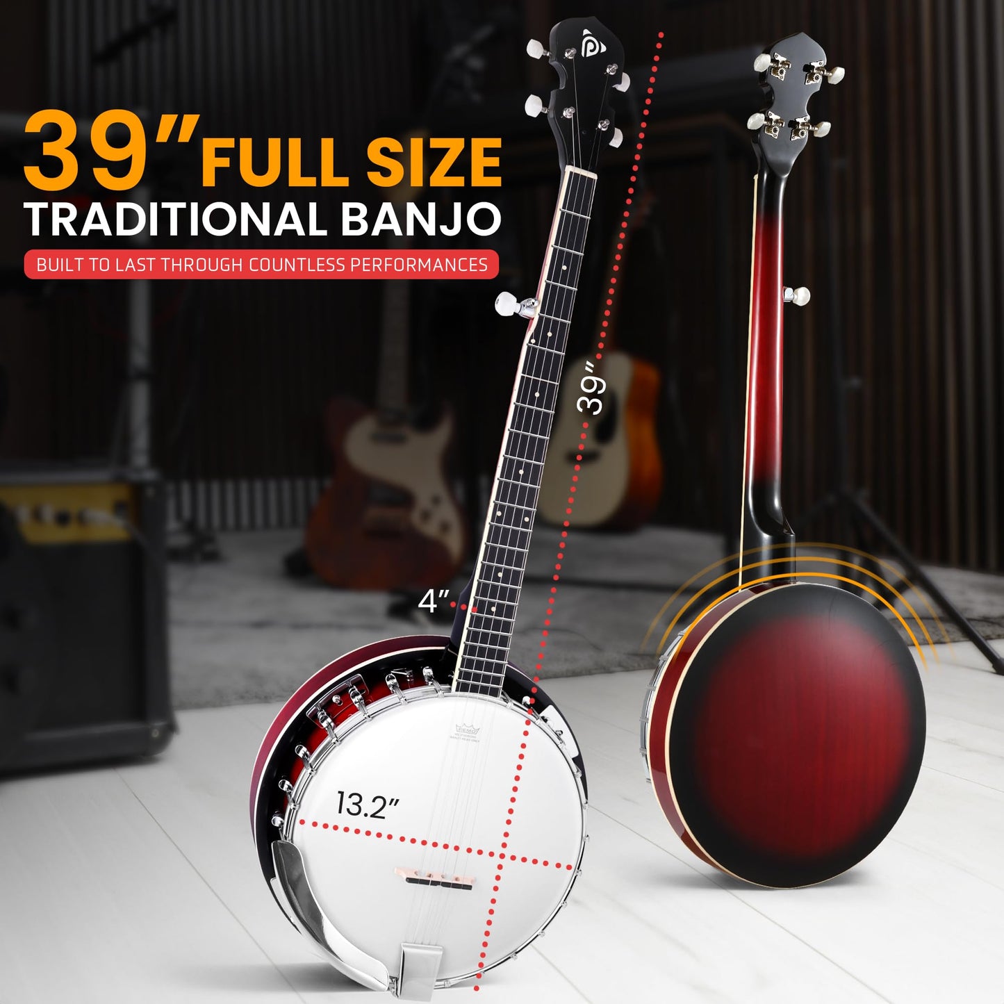 Pyle Banjo Kit with Remo Head and Sapele Resonator, 39" Full Size Traditional Open or Closed Back 5 String Instrument with 24 Brackets, Geared 5th Tuner, Premium Accessory Kit (Red Burst)