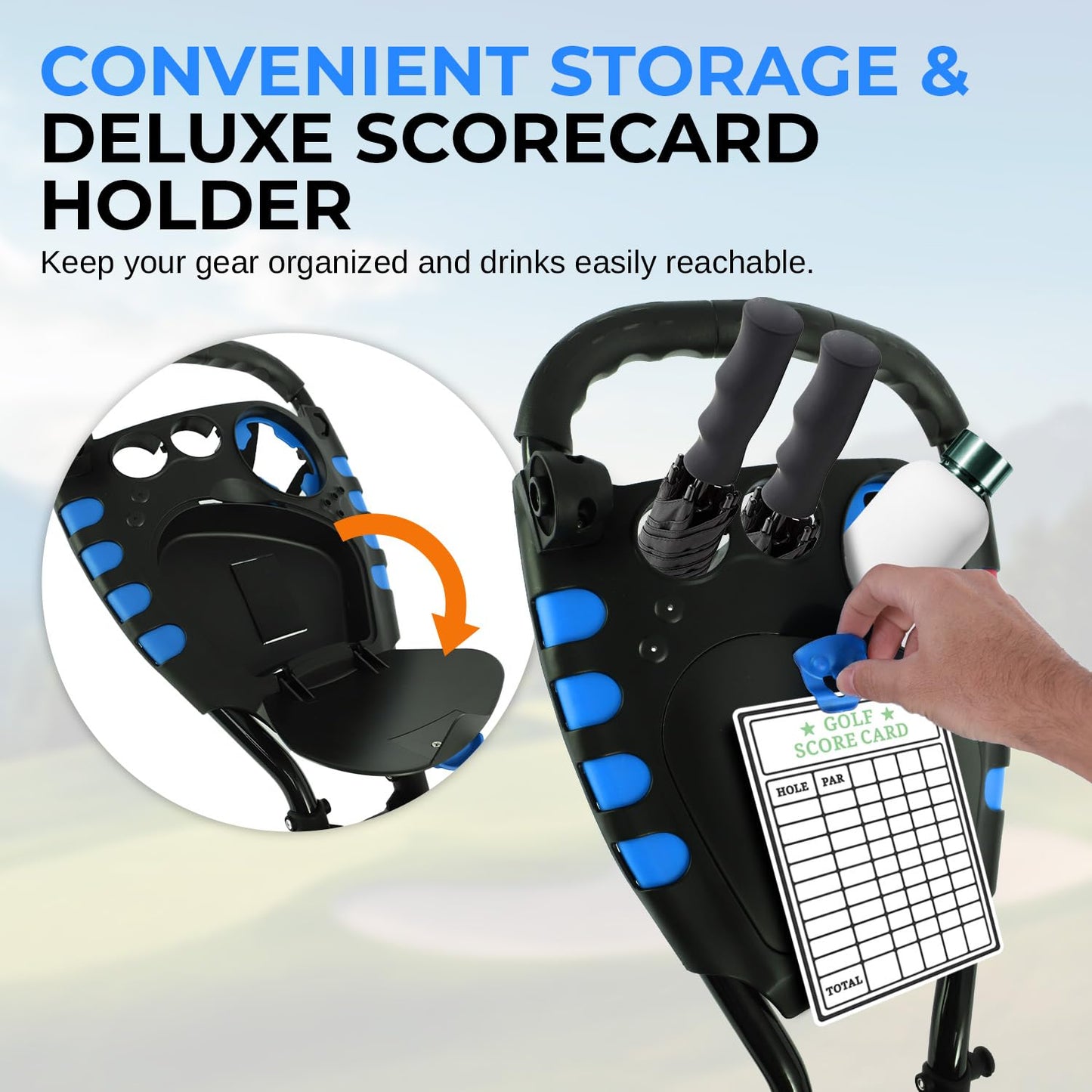 SereneLife 3 Wheel Golf Push Cart – Lightweight, Foldable, Collapsible, Adjustable Handle, Golf Caddy Accessories, Built-In Cooler Storage/ Scorecard/ Cup Holders, Compact for Travel