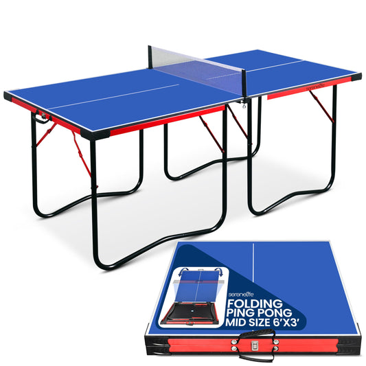 SereneLife Midsize Portable Ping Pong Table Set with Net, Clipper, Post - 6’ x 3’ Foldable Space-Saving Design, Blue