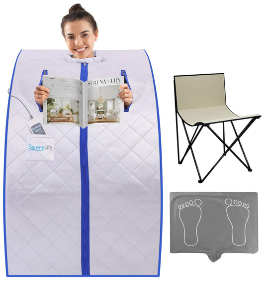 SereneLife Portable Sauna Box for Home, Infrared Sauna Tent with Heated Foot Pad and Folding Chair, Remote Control In-Home Spa, 38" x 32” - (Silver)