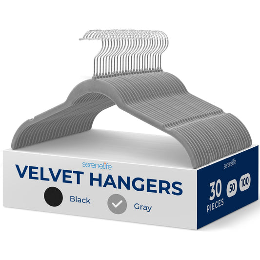 SereneLife 30-Piece Shirt Hangers, Premium Non-Slip Velvet Hangers Pack with 360° Swivel Hooks, Slim Space-Saving Design for Tops, Jackets, Blouses, & Strappy Dresses, Supports 8 lbs (Grey)