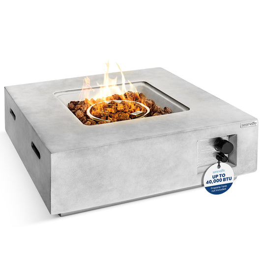 SereneLife Propane Gas Fire Pit Table - 40,000 BTU Square Outdoor Firepit with Cover, Lava Rock, and Adjustable Flame Height