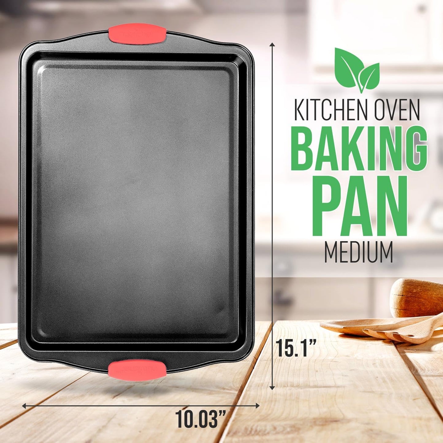 NutriChefKitchen 15” Non Stick Cookie Sheet, Medium Gray Commercial Grade Restaurant Quality Carbon Metal Bakeware with Red Silicone Handles, Compatible with Model NCSBS3S