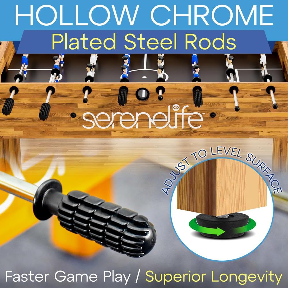SereneLife 48in Competition Sized Foosball Table - Height Adjustable Arcade Soccer Set for Home, Game Room, Man Cave - Includes 2 Balls & 2 Fold-Out Cup Holders, Natural