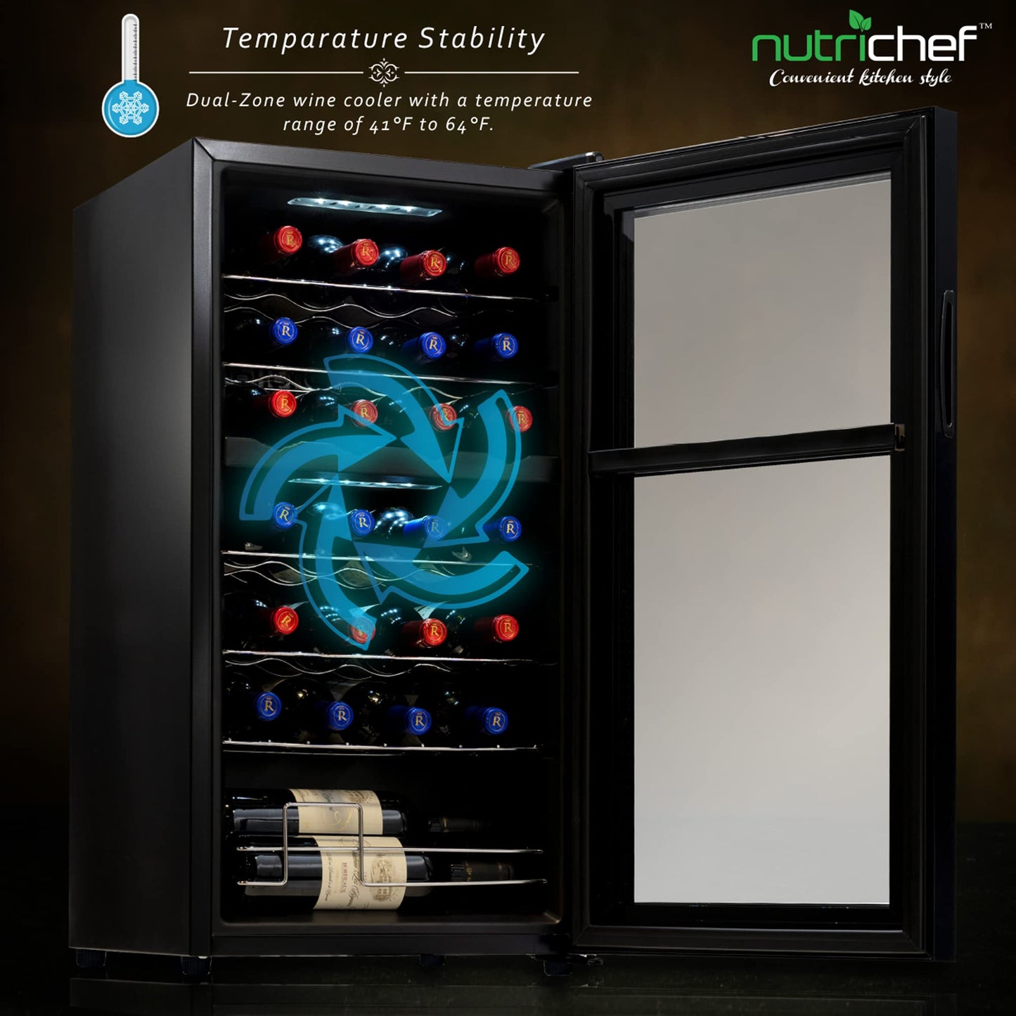 NutriChef PKCWCDS285 28 Bottle Fridge | Dual Zone Chiller | Adjustable Temperature 41°F to 64°F | Ultra Quiet Operation | Wine Cooler for Home, & Office | Free Standing 33x16x17 in (Black)