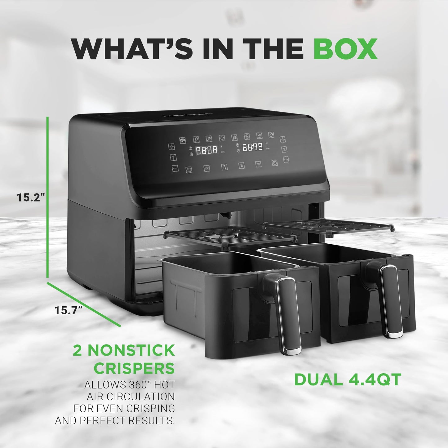 Nutrichef Double Basket Air Fryer 8.8 QT | Family Size Oil Free Airfryer with Transparent Window | 9-1 Preset Cooking Options | 360° Hot Air Circulation Technology | 4.4 QTs per Basket | Black