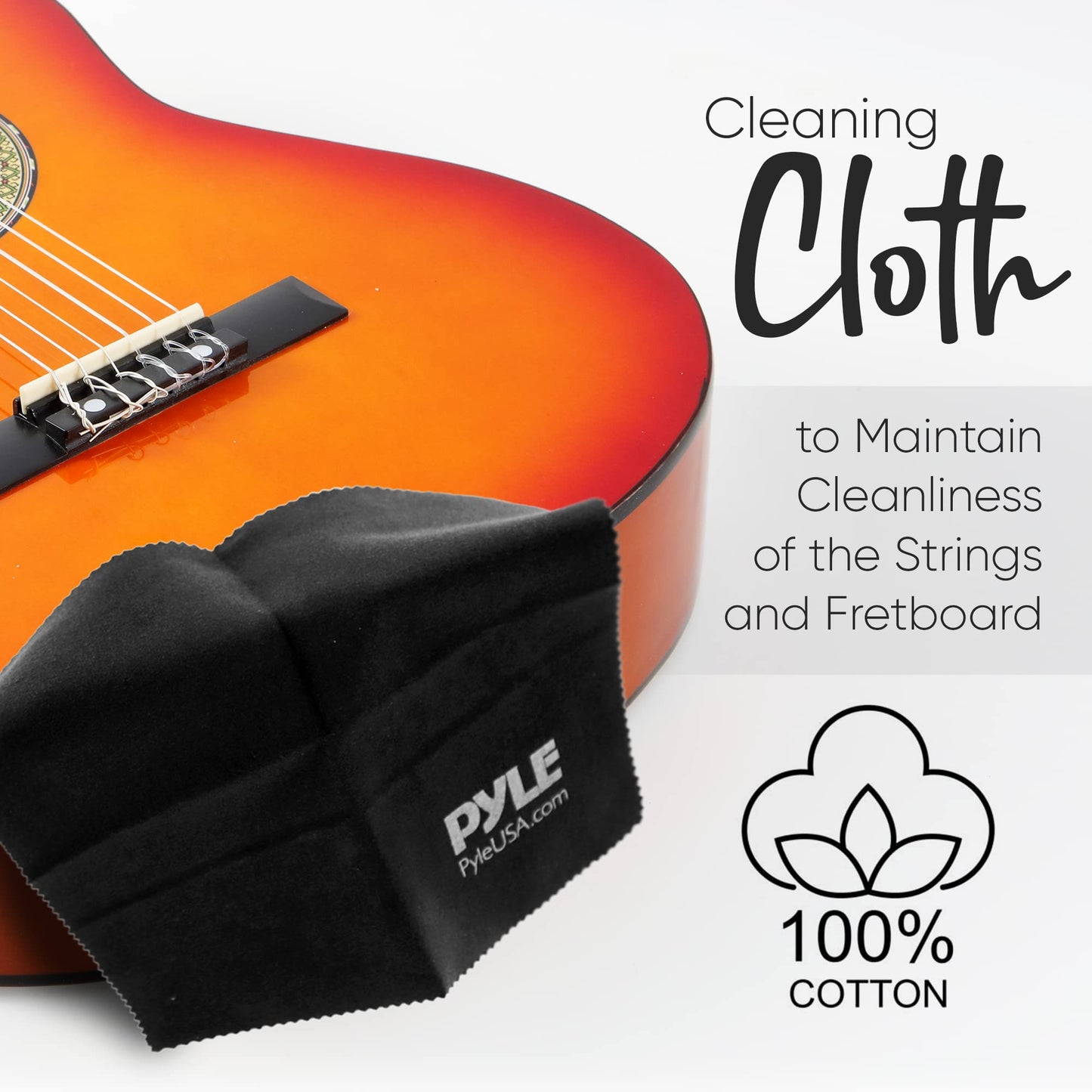 Pyle Electric Guitar Accessory Kit - Steel Strings, Full Set of Replacement, 3 pcs ABS Picks, Cleaning Cloth & Metal Capo