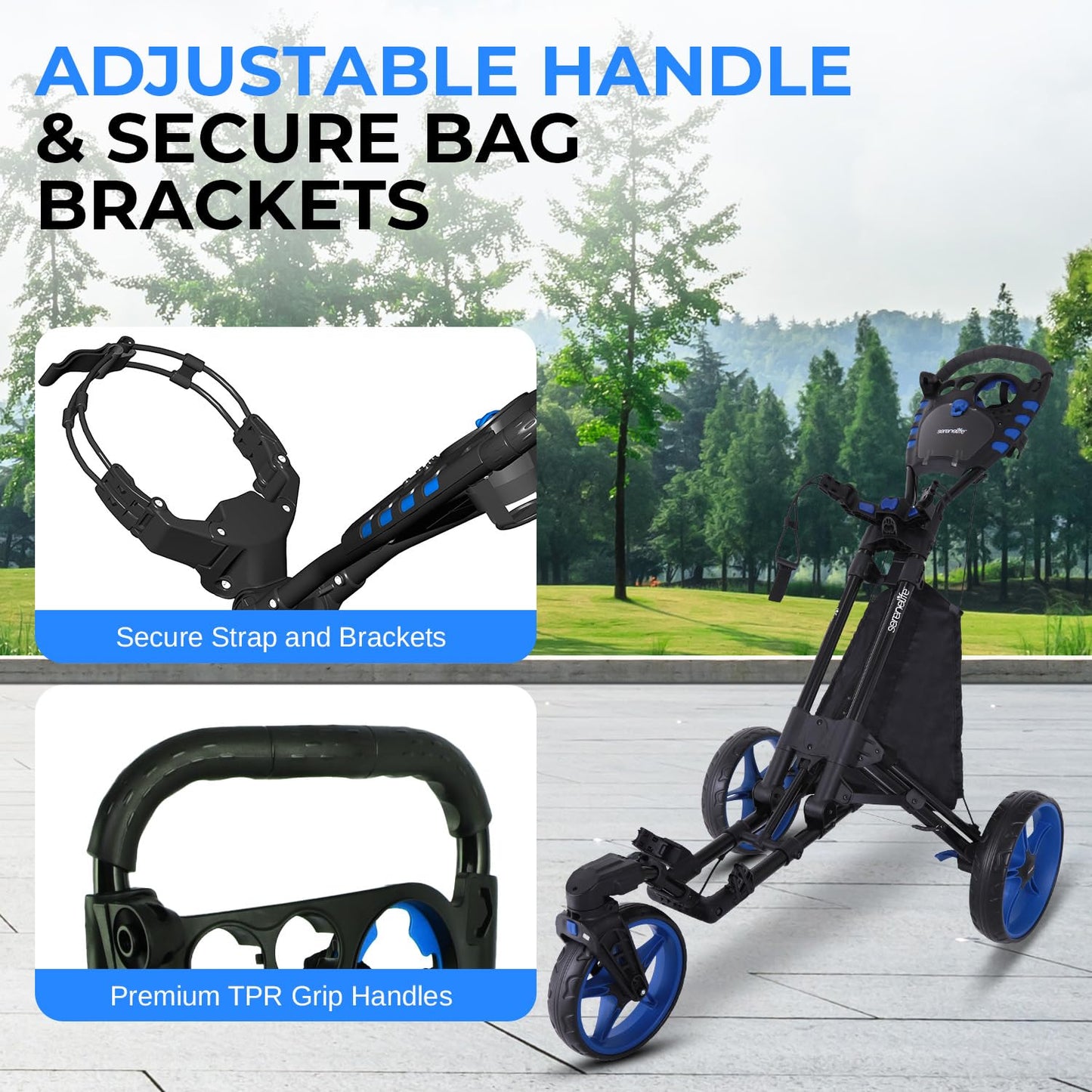 SereneLife Premium Foldable Golf Push Cart 3 Wheel – Lightweight Aluminum Frame, Front Swivel Control, Dual Brake, Cup Holder, Scorecard Holder, Golf Cart Bag Push Trolley
