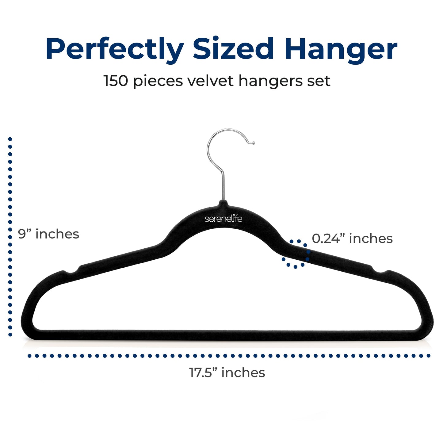 SereneLife Non-Slip Velvet Hangers, Mega Pack, 150 Pieces Hangers for Clothes, Heavy Duty Cloth Hanger Set with 360 Degree Swivel Hook, Black