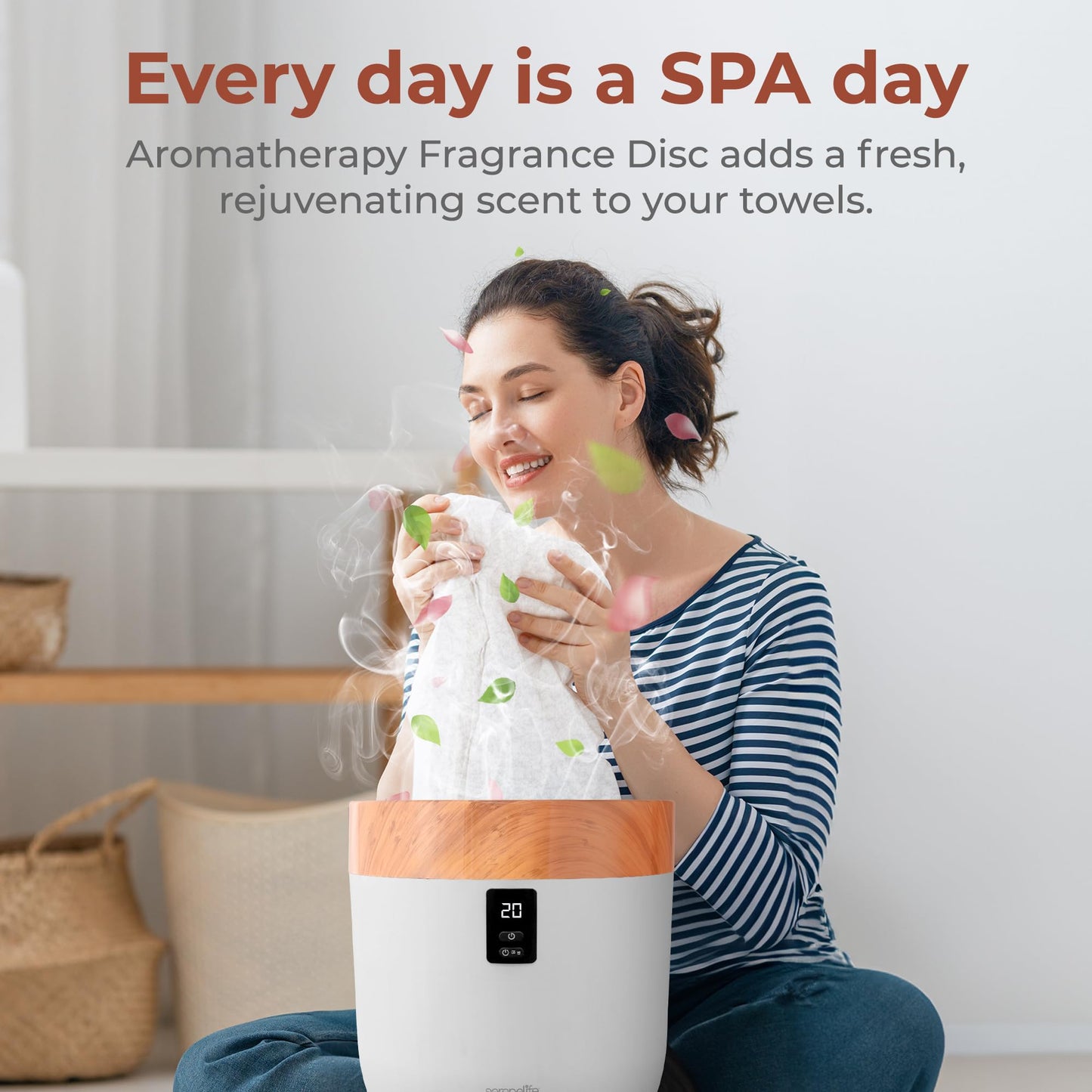 SereneLife Counter Towel Warmer Bucket - with Customized Fragrance for Spa and Bathroom, Luxury Heater, Auto Shut Off, Fits 1 Large Blanket, Bathrobe, PJs (Wood)