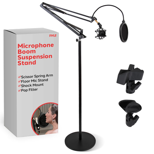 Pyle Microphone Boom Stand - Adjustable Floor Microphone Stand with Scissor Arm, Shock Mount, Pop Filter, 5/8" Thread Adapter, Durable Metal Construction for Podcasting & Broadcasting, Black