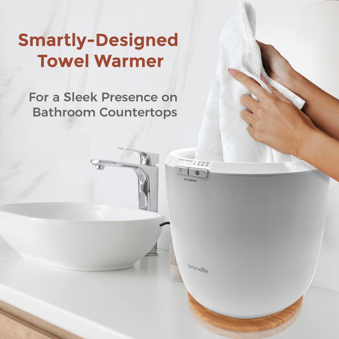 SereneLife Counter Towel Warmer Bucket - with Customized Fragrance for Spa and Bathroom, Luxury Towel Heater, Auto Shut Off, Fits 1 Large Towel, Blanket, Bathrobe, PJs (Natural)