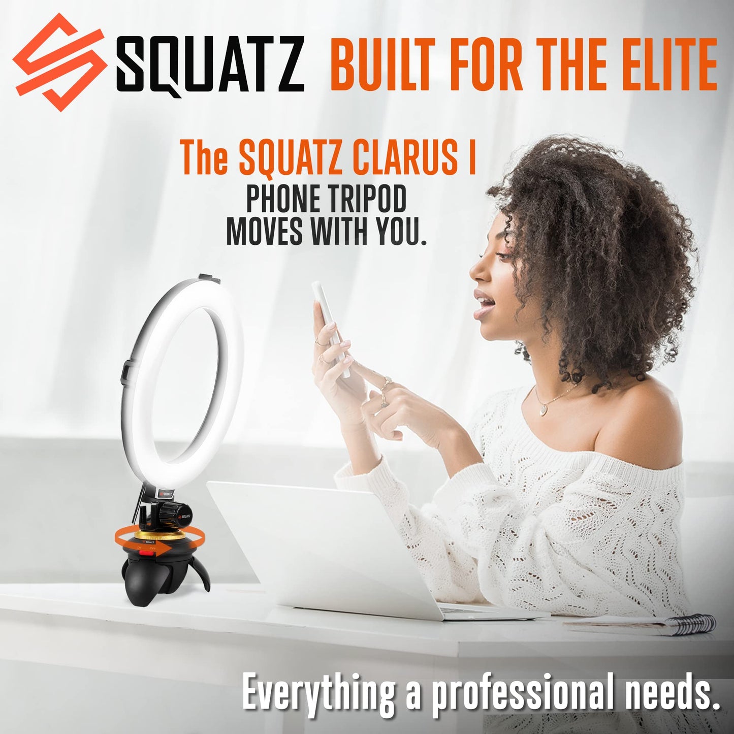 SQUATZ 8'' Small Ring Light for Desk with Stand and Phone Holder - 360 Rotating & Standard Desktop Tripod Kit - 14W Rotation Motion for Vloggers, TikTok, YouTube