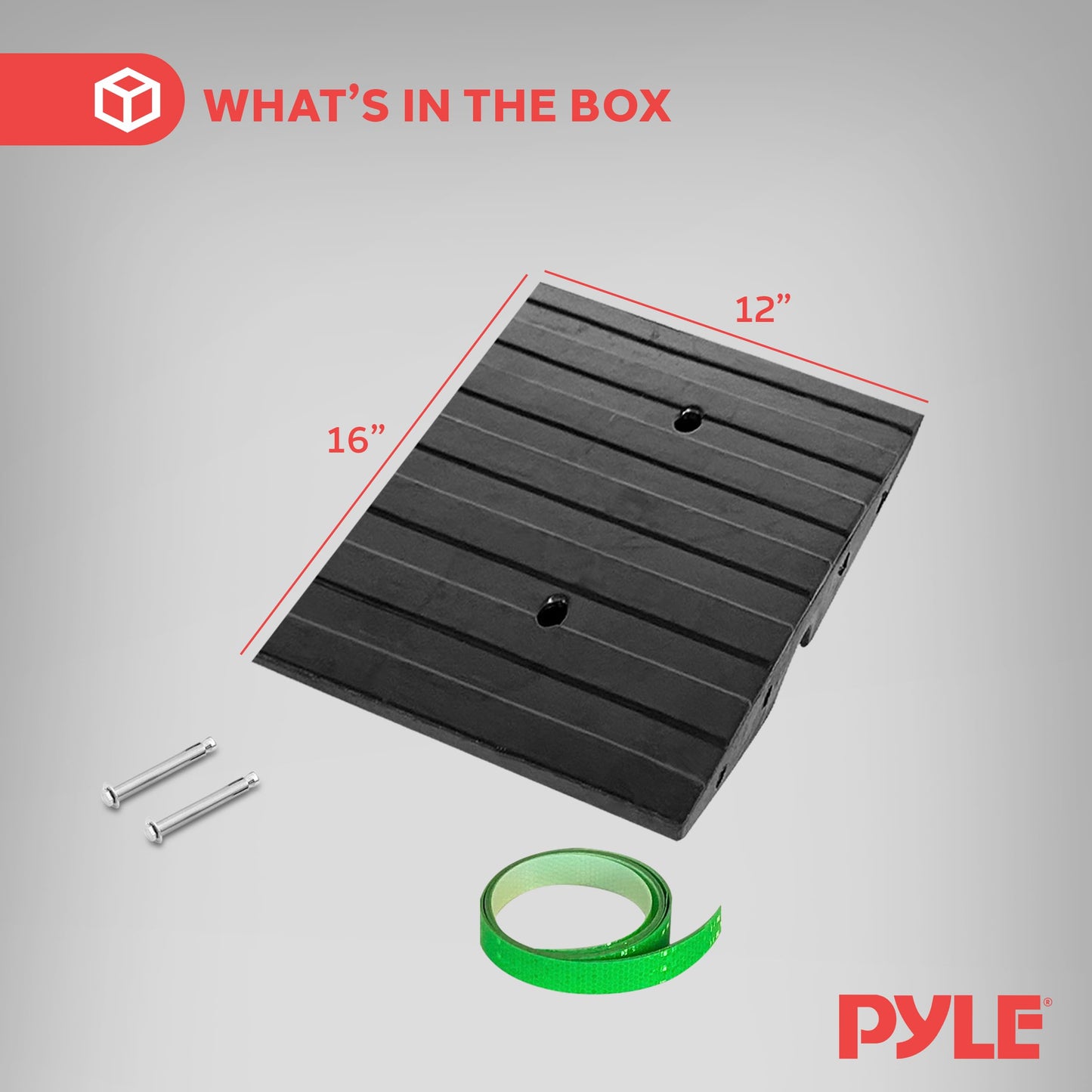 Pyle 1 Ft. Rubber Threshold Curb Ramp with Green Reflective Strips, Expansion Screws for Driveways, Car & Vehicle Use, Single Wear-Resistant Non-Slip Rubber Ramp, 12.0’’ x 16.0’’ x 2.6’’ Inches