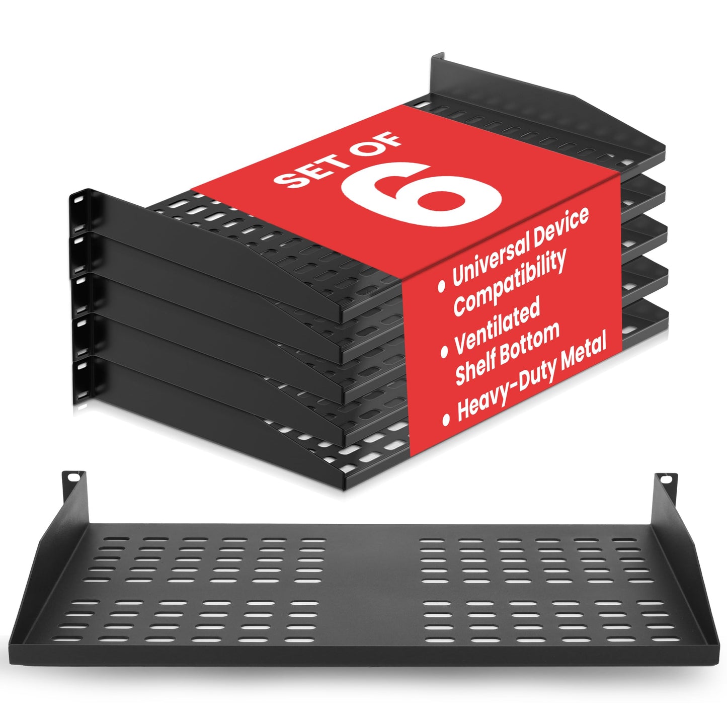 Pyle 19-Inch 1U Server Rack Shelf - 6 pcs. Vented Metal Shelves for Optimal Airflow, Wall or Rack MountableSupports up to 110 lbs, 17 x 10’ Shelf Tray for Cabinets, Computers & Network Equipment