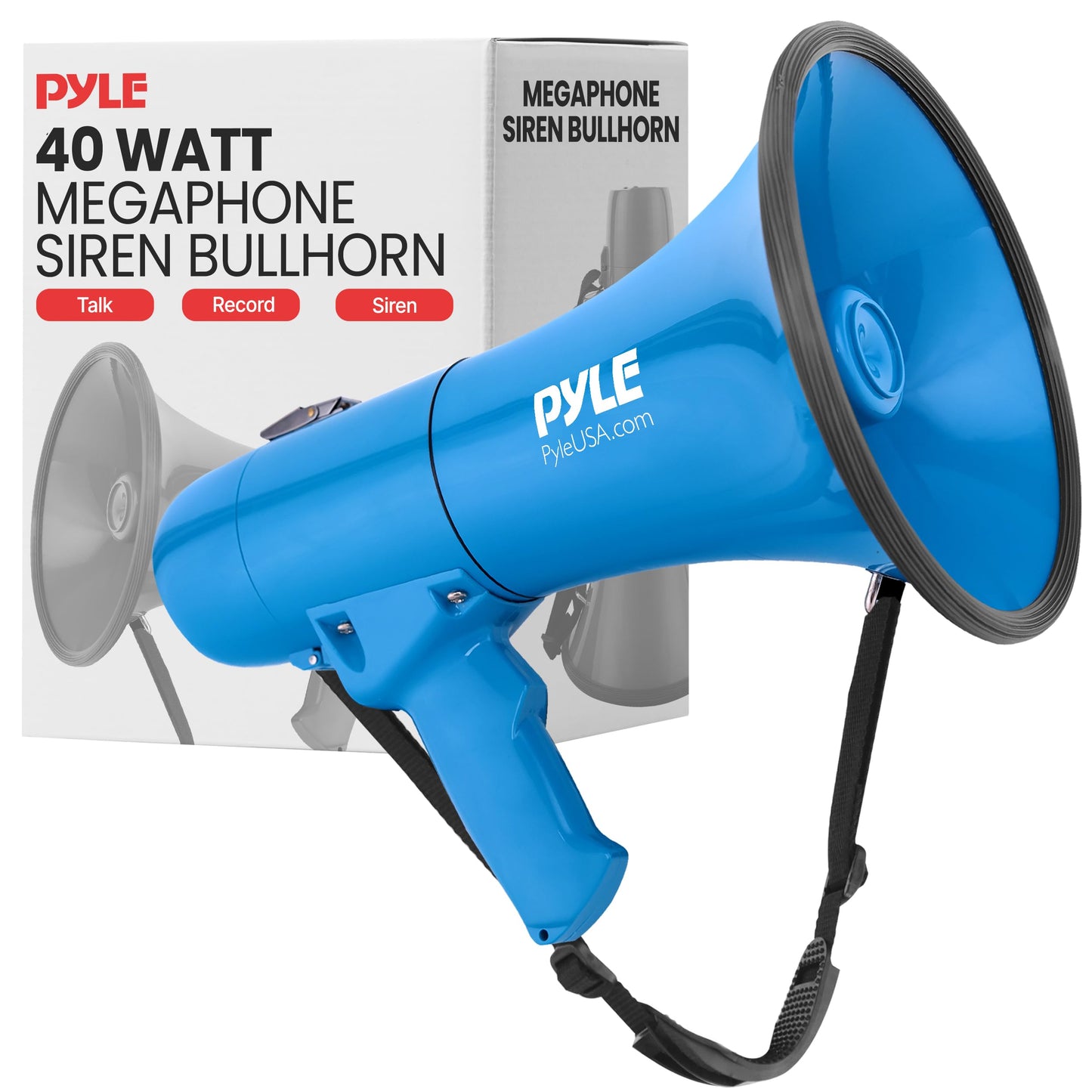 Pyle 40W Megaphone Siren Bullhorn Speaker, Portable and Lightweight Automatic Bullhorn for Indoor and Outdoor Use, 800 Square Yards Projection Range, Use as Siren/Music (Blue)