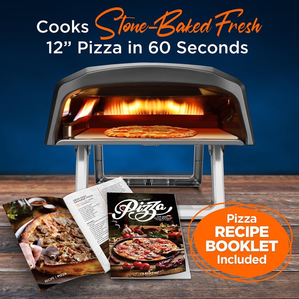NutriChef Portable Outdoor Gas Pizza Oven - Includes Foldable Feet, Adjustable Heat Control Dial, Burner, Stone & Regulator Hose - Cooks 12" Pizza in 60 Seconds - 25.24'' x 16.14'' x 12.40'' IN
