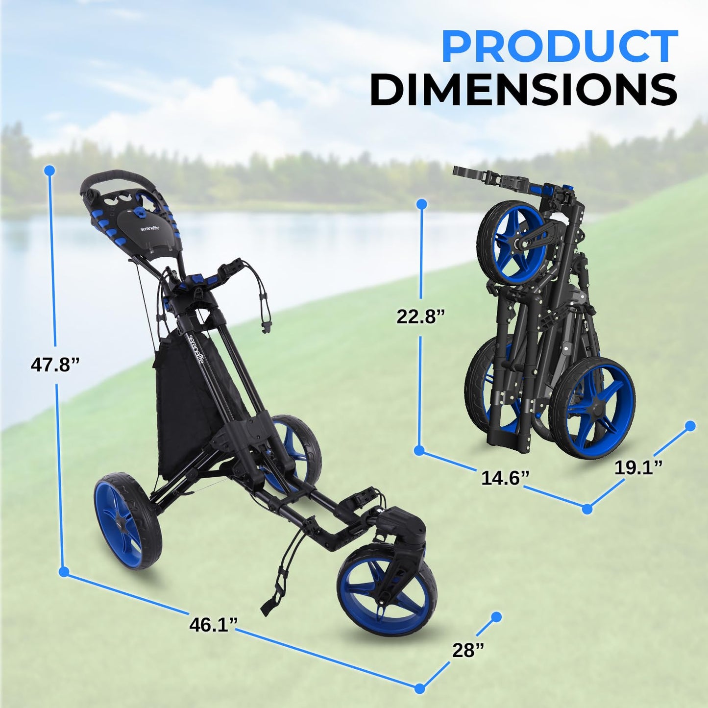 SereneLife Premium Foldable Golf Push Cart 3 Wheel – Lightweight Aluminum Frame, Front Swivel Control, Dual Brake, Cup Holder, Scorecard Holder, Golf Cart Bag Push Trolley