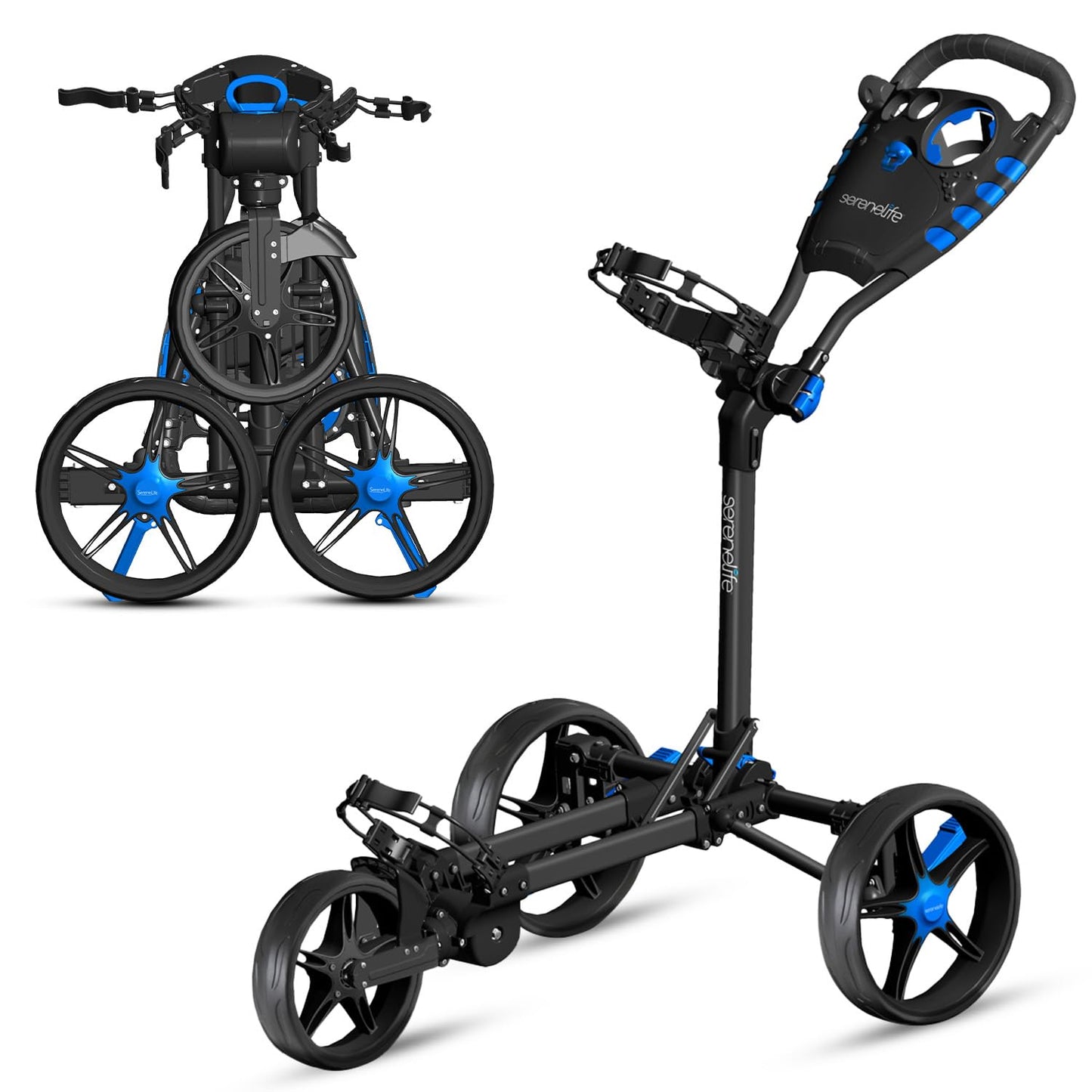 SereneLife 3 Wheel Golf Push Cart – Lightweight, Foldable, Collapsible, Adjustable Handle, Golf Caddy Accessories, Built-In Cooler Storage/ Scorecard/ Cup Holders, Compact for Travel