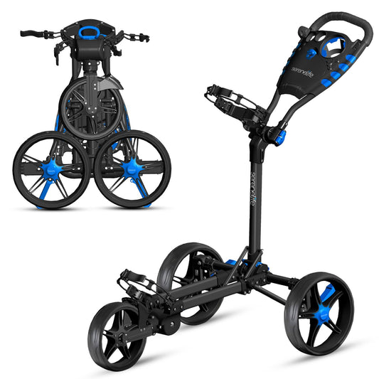 SereneLife 3 Wheel Golf Push Cart – Lightweight, Foldable, Collapsible, Adjustable Handle, Golf Caddy Accessories, Built-In Cooler Storage/ Scorecard/ Cup Holders, Compact for Travel