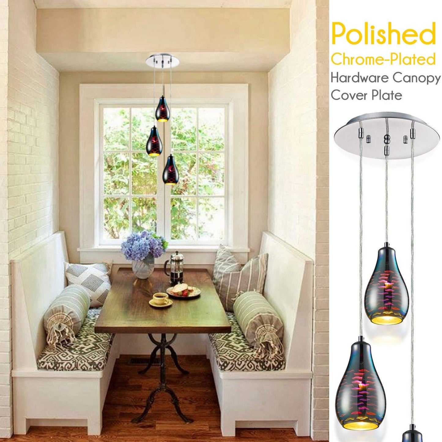 MAXvolador Home Pendant Hanging Lighting Fixture-Triple Lamp Ceiling Light with 3 5.1’’x8.7’’-Sphere Shaped Dome Globes, Sculpted Glass Accent-SLLMP37