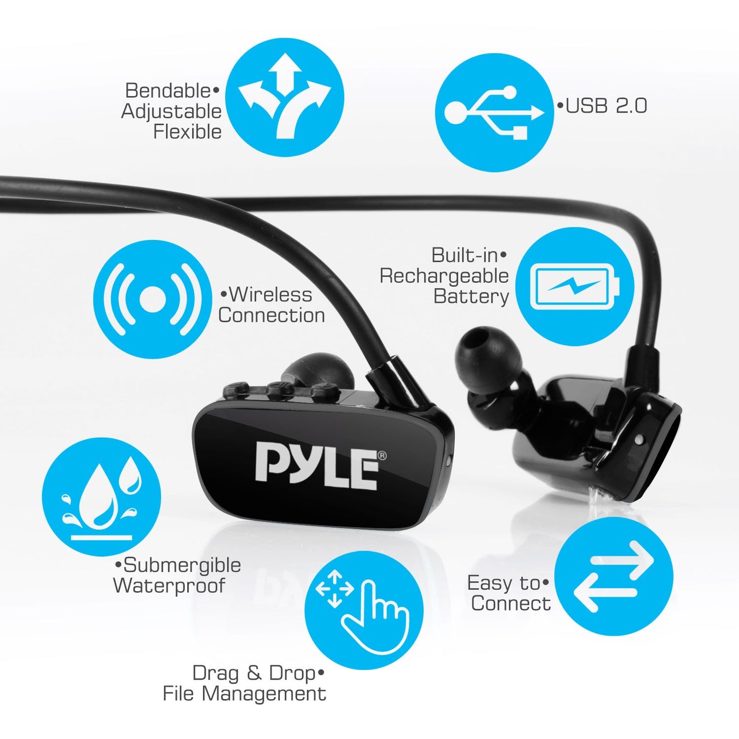 Pyle MP3 Player Bluetooth Headphone - Waterproof Swim IPX8 Flexible Wrap-Around Style Headphones Built-in Rechargeable Battery Bluetooth w/ 8GB Flash Memory & Replacement Earbuds - PSWP28BK Black