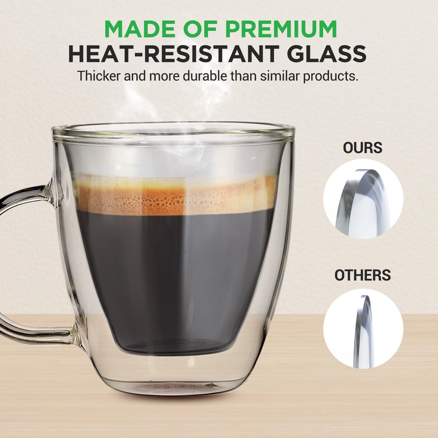 NutriChef 5.2 Oz Espresso Cups (Set Of 2), Double Walled Glass Coffee Mugs For Hot And Cold Drinks, Insulated Glass Coffee Mugs With Handle